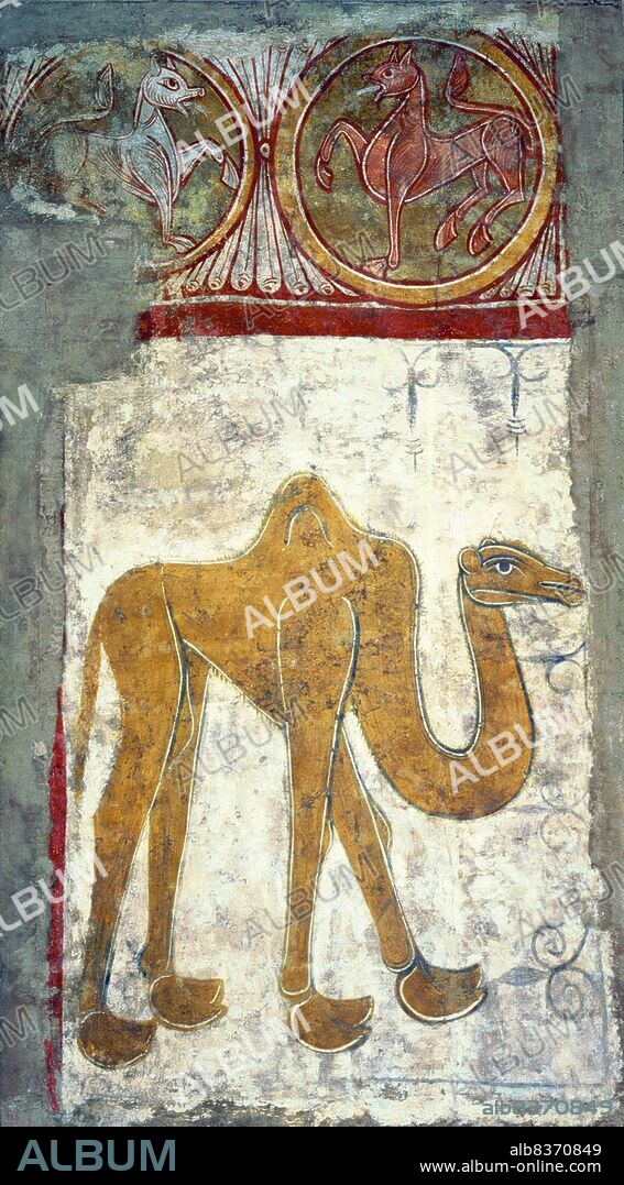 The Hermitage of San Baudelio de Berlanga (Ermita de San Baudelio de Berlanga) is an early 11th-century church at Caltojar in the province of Soria, Spain, 80 km south of Berlanga de Duero. It is an example of Mozarabic architecture and was built in the 11th century, in what was then the frontier between Islamic and Christian lands. It is dedicated to Saint Baudilus or Baudel.<br/><br/>. The hermitage housed many fine Romanesque frescoes from about 1125; most of these have been removed, but some have remained. Two sections, transferred to canvas, are now in the Indianapolis Museum of Art, showing the Entry of Christ into Jerusalem and the Wedding at Cana.<br/><br/>. The paintings were done by the Catalan Master of Tahull (Taüll in Catalan), whose best known works are in Sant Climent de Taüll and the Museu Nacional d'Art de Catalunya in Barcelona, with two other painters. The frescoes include that of a camel and of a war elephant, which were inspired by Muslim motifs.