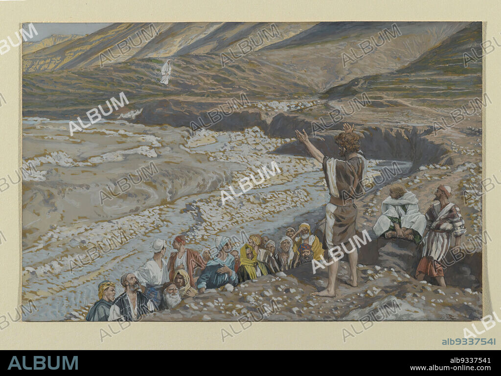 Saint John the Baptist Sees Jesus from Afar, Saint Jean-Baptiste voit Jésus de loin, The Life of Our Lord Jesus Christ, La Vie de Notre-Seigneur Jésus-Christ, James Tissot, French, 1836-1902, Opaque watercolor over graphite on gray wove paper, France, 1886-1894, Image: 6 x 9 1/4 in., 15.2 x 23.5 cm, 19th century, audience, baptism, bible, christian, christianity, crowd, desert, disciples, france, illustrations, Jesus, John 1:34-36, John the Baptist, john the baptizer, looking, new testament, ocean, painting, parable, preacher, prophet, recognition, religion, river jordan, sermon, tissot, waterpaint, wilderness.