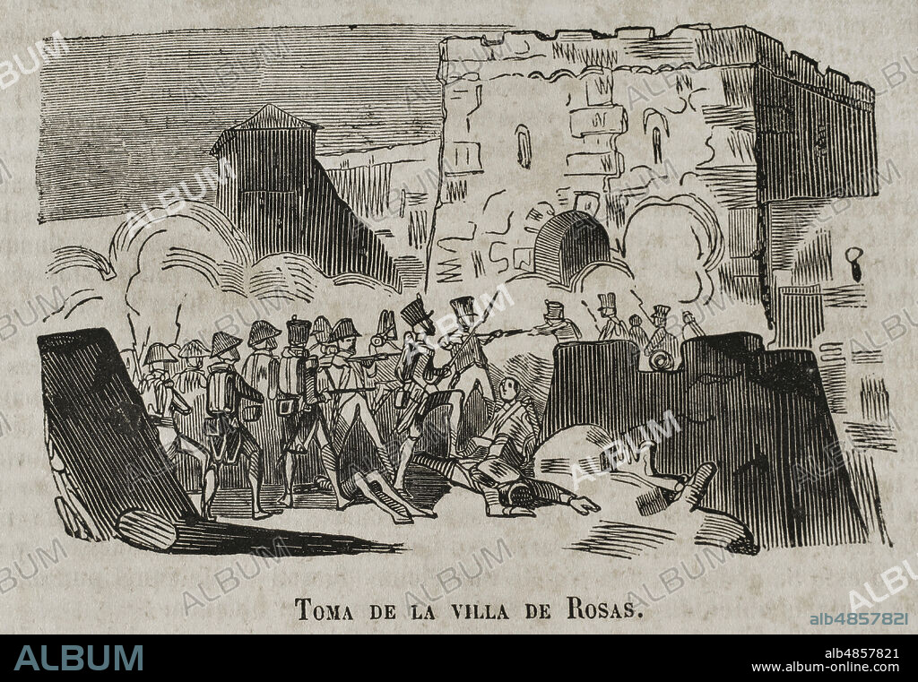 Guerra de la Independencia Española (1808-1814). Sitio de Rosas (7 de noviembre al 5 de diciembre de 1808). Acción militar del ejército napoleónico contra el ejército español y la armada británica por mar, con victoria francesa. Toma de la villa de Rosas. Grabado. Historia del Levantamiento, Guerra y Revolución de España, por el Conde de Toreno. Madrid,1852.