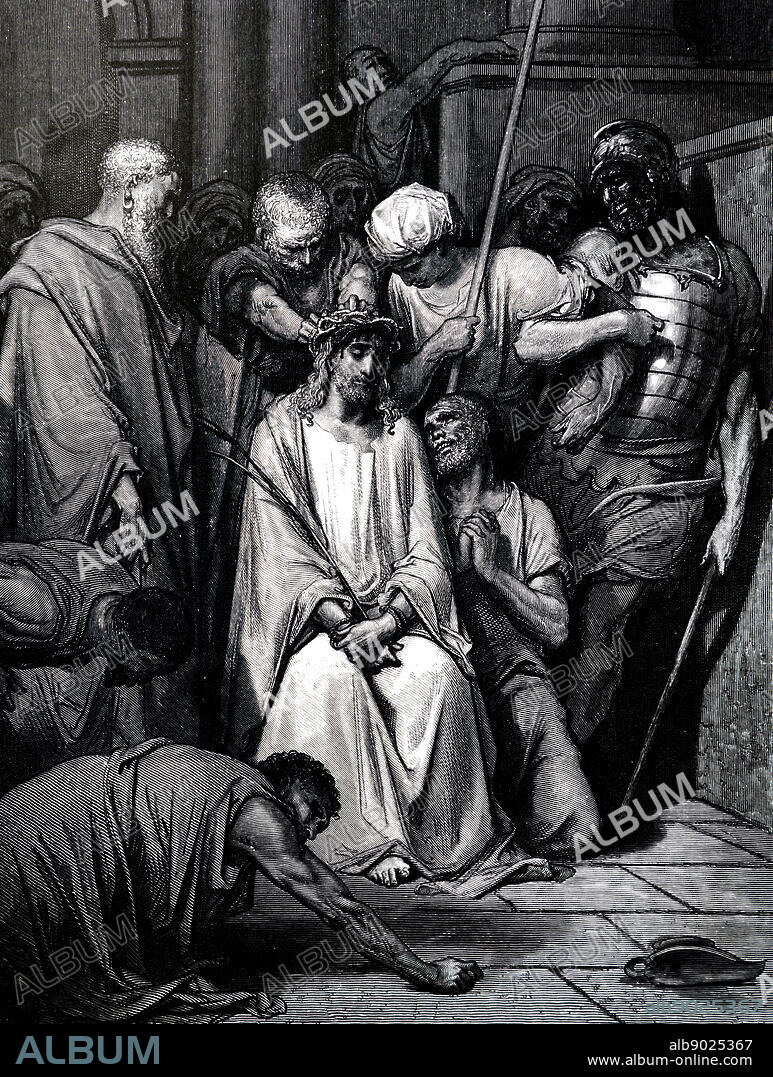 Engraving depicting Jesus Christ being mocked as the crown of thorns is placed upon his head, with John the Apostle kneeling beside him. Dated 19th century.