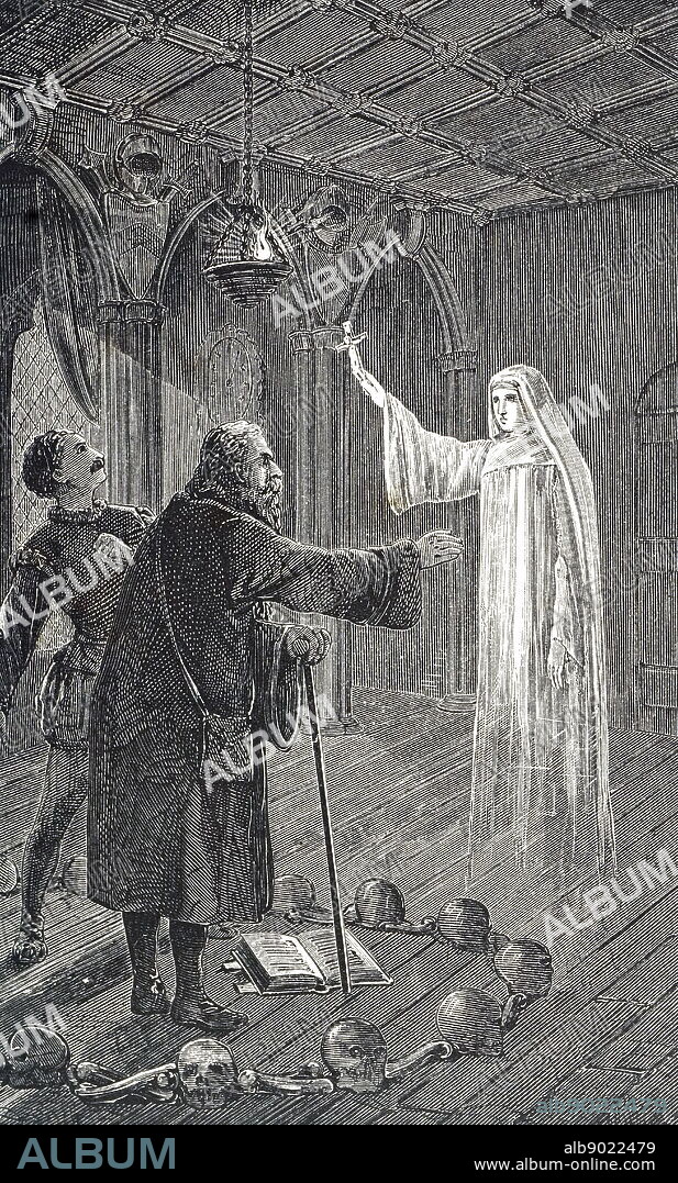 Engraving depicting Pepper's Ghost, an illusion technique used in theatre, amusement parks, museums, television, and concerts. Named after John Henry Pepper (1821-1900) a British scientist and inventor. Dated 19th century.