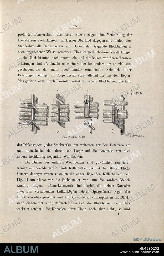 Blockbalken, Short Block Bars Set Close to Each Other, Fig. 15, p. 25, 1885, Ernst Gladbach: Die Holz-Architectur der Schweiz, 2. Aufl. Zürich & Leipzig: Orell Füssli, 1885.