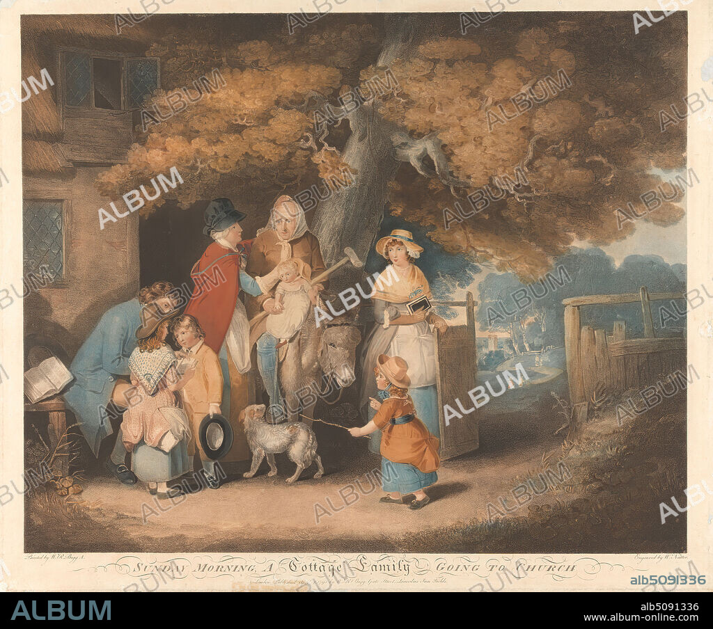 Sunday Morning, A Cottage Family Going to Church, William Nutter, 17541802, British, after William Redmore Bigg, 17551828, British, 1795, Stipple engraving, colored on medium, slightly textured, beige, wove paper, mounted on, moderately thick, moderately textured, cream, wove paper, Sheet: 20 7/8 × 25 inches (53 × 63.5 cm) and Image: 18 3/4 × 23 inches (47.6 × 58.4 cm), book, boy, cane, child, children, church, cottage, dog, donkey, family, father, gate, genre subject, girl, hat, infant, man, mother, path, religious and mythological subject, stick, tree, woman.