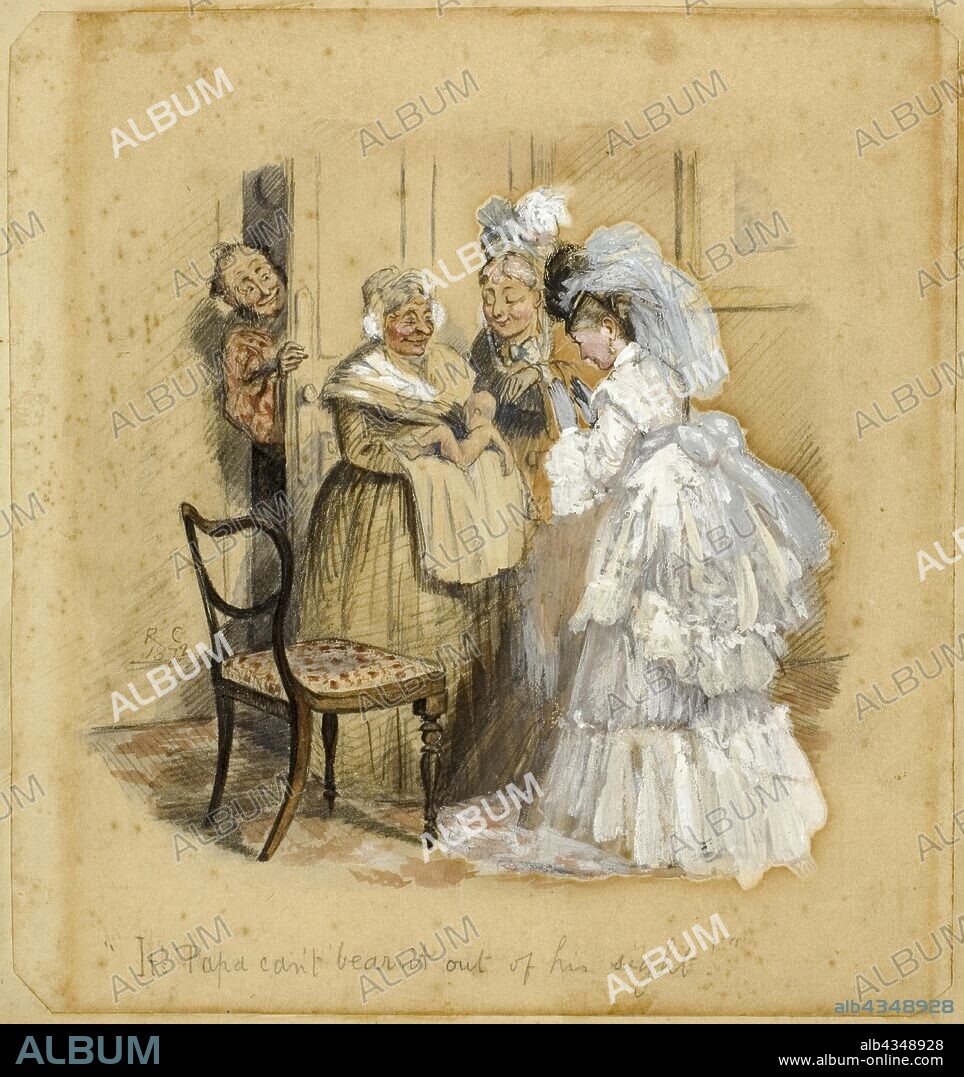 It’s Papa Can’t Bear it Out of His Sight, 1872, Randolph Caldecott, English, 1846-1886, England, Gouache and watercolor with graphite, on cream wove paper (discolored to tan), laid down on tan wood-pulp board, 191 × 180 mm.
