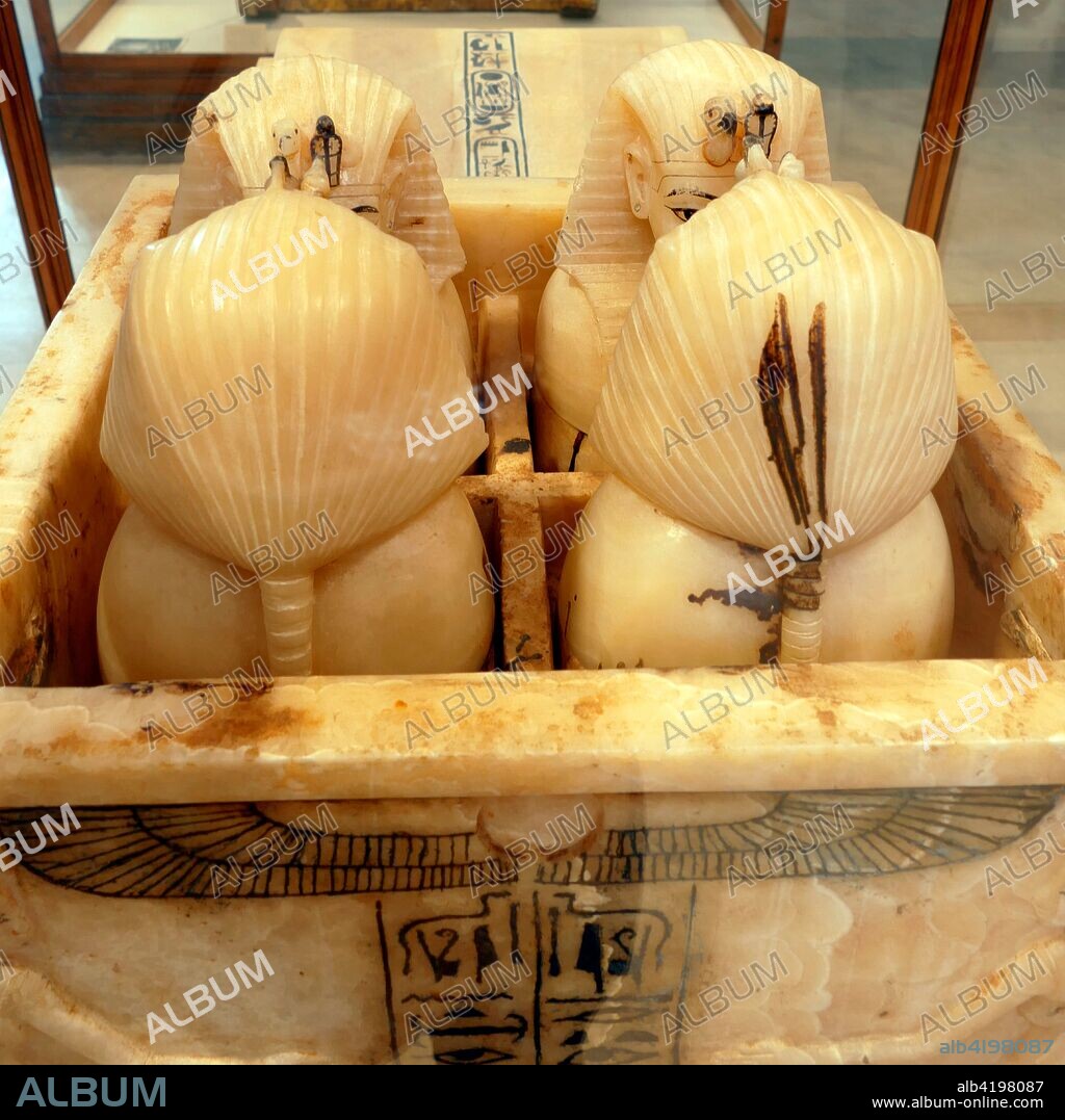 Alabaster Canopic chest with canopic jars. found in Tutankhamen's Tomb. They were used to contain the internal organs removed during the process of mummification. Tutankhamen was an Egyptian pharaoh of the 18th dynasty (ruled c. 1332–1323 BC).
