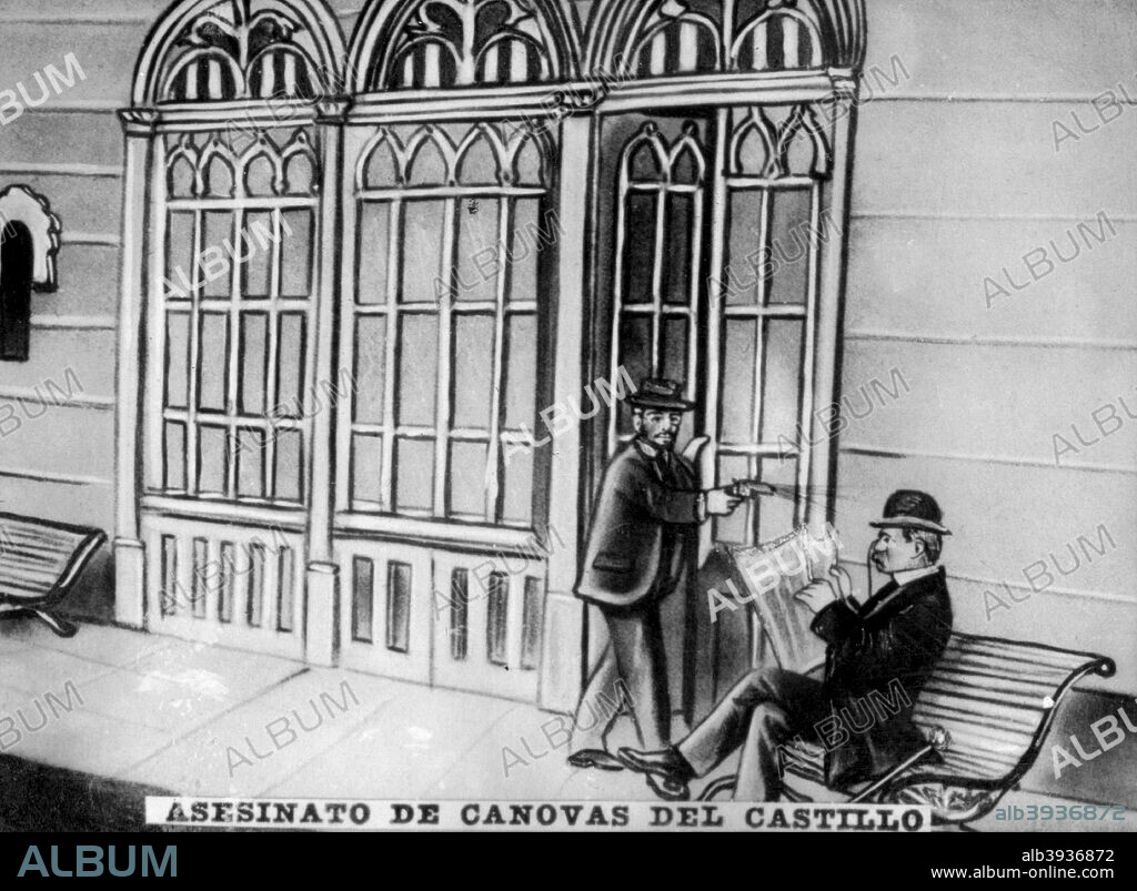Assasination of Antonio Cánovas del Castillo, 1897. Antonio Cánovas del Castillo (1828-1897) was a Spanish politician and historian known principally for serving six terms as Spanish Prime Minister, his role in supporting the restoration of the Bourbon monarchy to the Spanish throne and for his death at the hands of an anarchist assassin, Michele Angiolillo. Cigar card from the History of Cuba,  Geografico Universal, Propaganda de los Cigarros Susini y La Corona , Tabacalera Cubana.