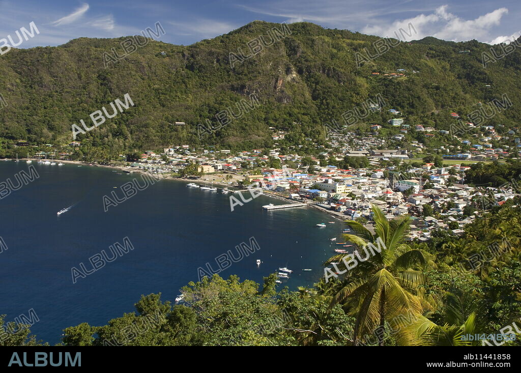 An aerial view of the town of Soufriere in St. Lucia, Windward Islands, West Indies, Caribbean, Central America.