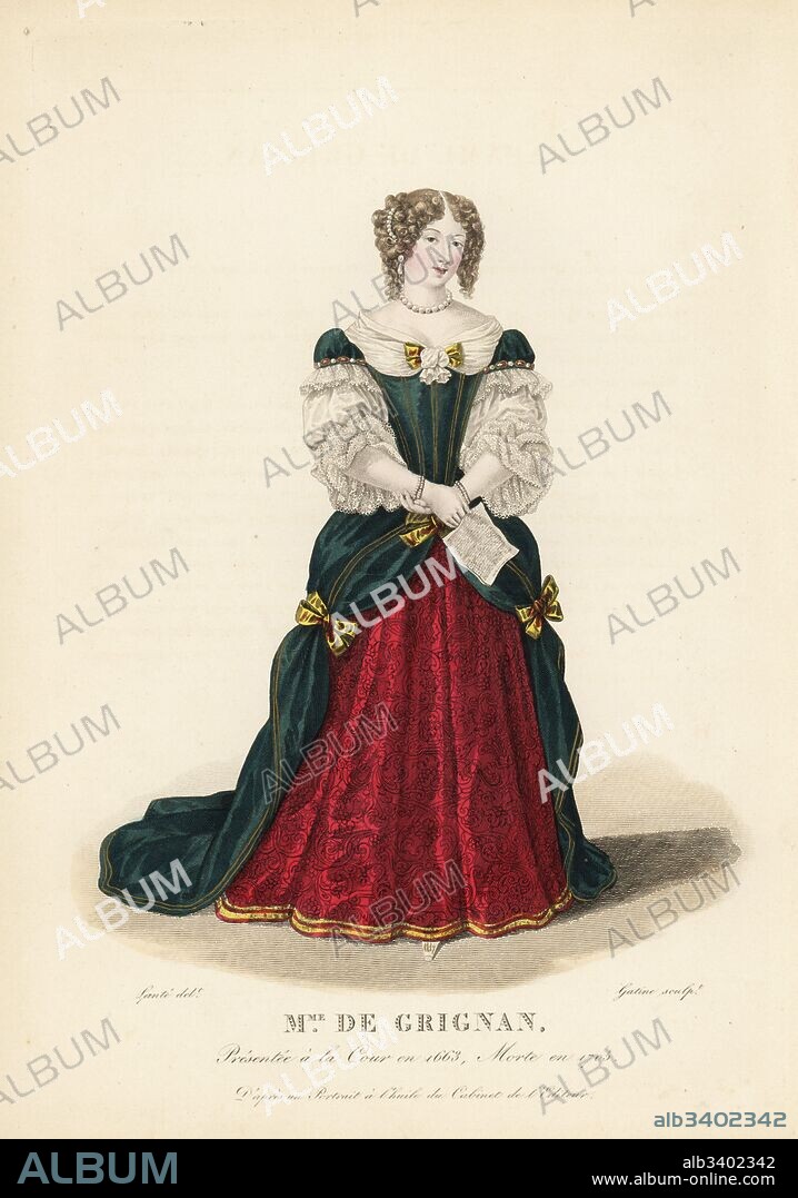 Francoise-Marguerite de Sevigne, Comtesse de Grignan, 1648–1705. She wears her hair in ringlets adorned with pearls, a green silk mantua dress with train decorated with gold bows, lace sleeves, and a scarlet brocade petticoat. She holds a letter from her mother Madame de Sevigne. After a miniature in oils in the editor's collection. Handcoloured copperplate engraving by Georges Jacques Gatine after an illustration by Louis Marie Lante from Galerie Francaise de Femmes Celebres, Paris, 1827.