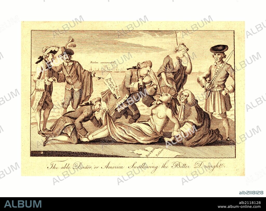 The able doctor, or, America swallowing the bitter draught, en sanguine engraving shows Lord North, with the Boston Port Bill extending from a pocket, forcing tea (the Intolerable Acts) down the throat of a partially draped Native female figure representing America whose arms are restrained by Lord Mansfield, while Lord Sandwich, a notorious womanizer, restrains her feet and peeks up her skirt. Britannia, standing behind America, turns away and shields her face with her left hand.