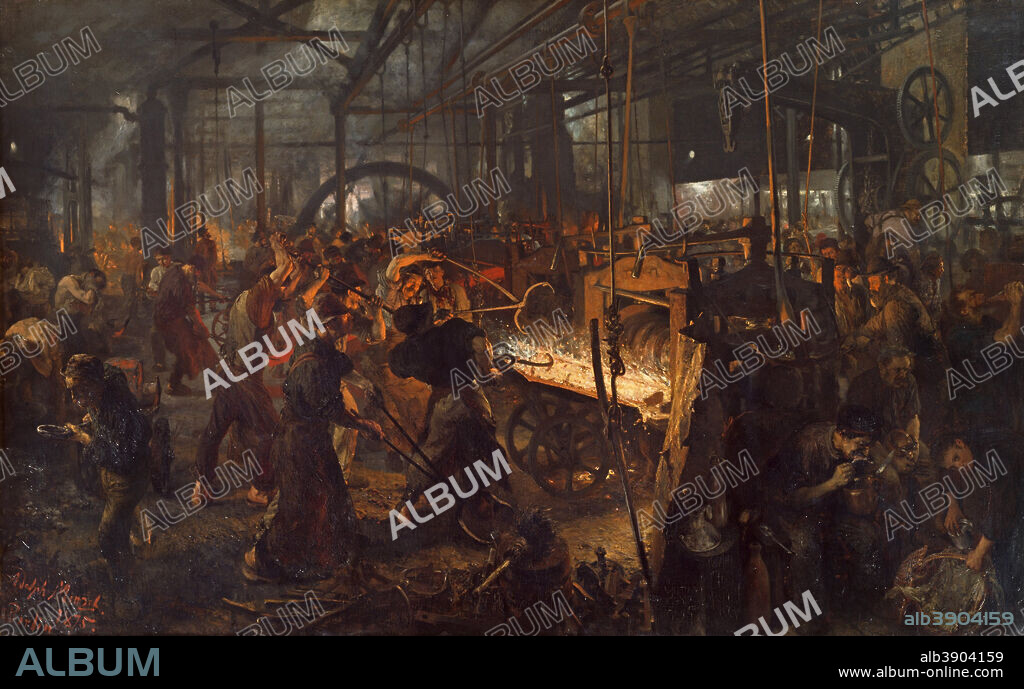 ADOLPH VON MENZEL. Eisenwalzwerk / The Iron Rolling Mill (Modern Cyclopes). Date/Period: 1875. Painting. Oil on canvas. Height: 158 cm (62.2 in); Width: 254 cm (100 in).