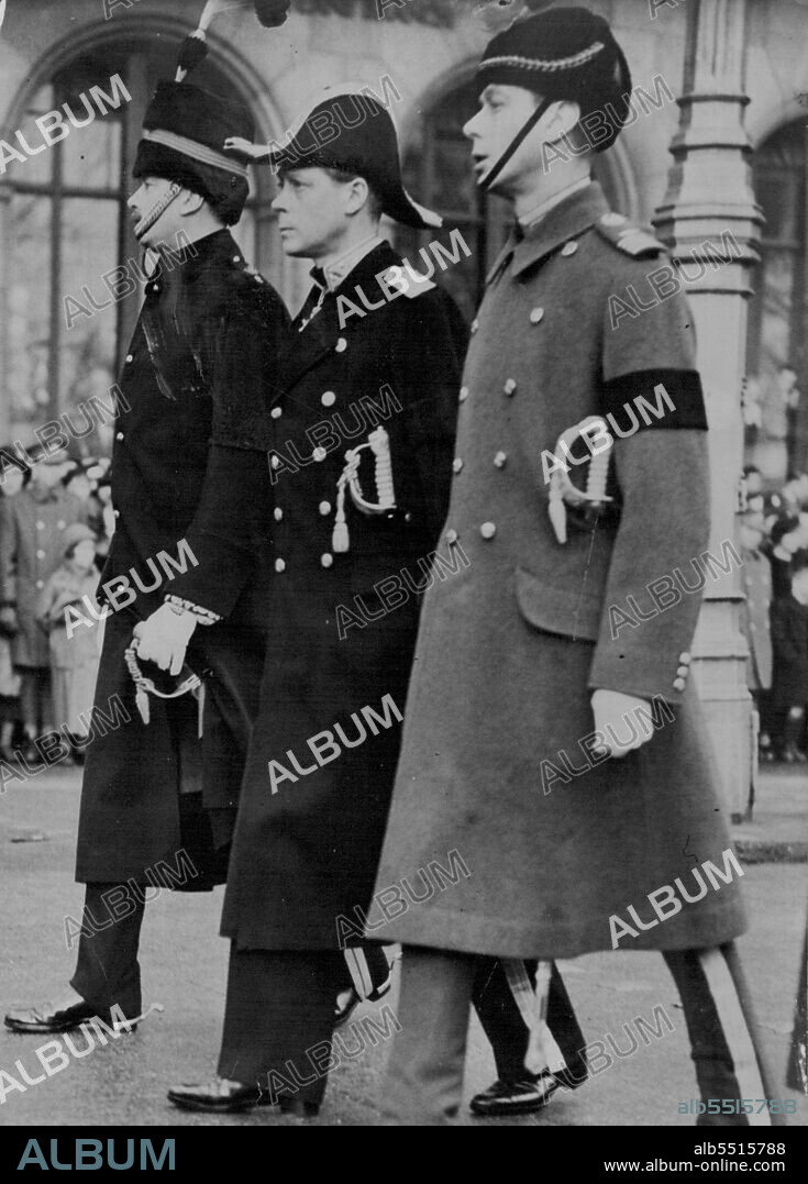 Late King's Sons at Funeral.King Edward VIII. (in Admiral's uniform) with the Duke of York (right) and the Duke of Gloucester, walking in the funeral procession through Piccadilly. This, and other pictures of the funeral of the late King published in this issue, were received in Sydney by air mail to-day. February 17, 1936.