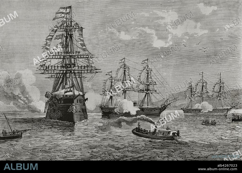 España. Galicia. El Ferrol (provincia de La Coruña). S. M. el rey Alfonso XII (1857-1885) se traslada a bordo de la"Sagunto"para tomar el mando superior de la escuadra. Grabado por Bernardo Rico (1825-1894). La Ilustración Española y Americana,22 de agosto de 1881.