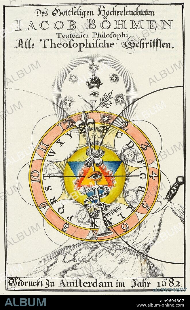 ROSICRUCIAN - OCCULT ART - MASONIC - ALPHABETS. Titlepage to Jacob Boehme, Alle Theosophische Schrifften, 1682, which was published by Boehme's disciple, Johan Gichtel. As is so often the case with the Boehme illustrations, the design centres upon an Eye. This is incorporated into a burning triangle, which is overlaid over a triangle symbolic of the element of Water - together, the two triangles are not only preparatory to forming the Seal of Solomon, but they also represent the conflict of opposites (Fire and Water). The full appreciation of the Boehme symbols and designs (especially those drawn by such men as Gichtel or Freher) require a familiarity with his writings. For example the numbers on the 'clock-face' (as Boehme calls the device) point to Time, while the letters of the alphabet concentric to this dial represents Space. The letter I (which is equated with the number 1) represents God and Adam. Because it represents Adam, it has not been placed at the top of the radiant circle (a place due to God) but at the bottom, to symbolize the Fall.