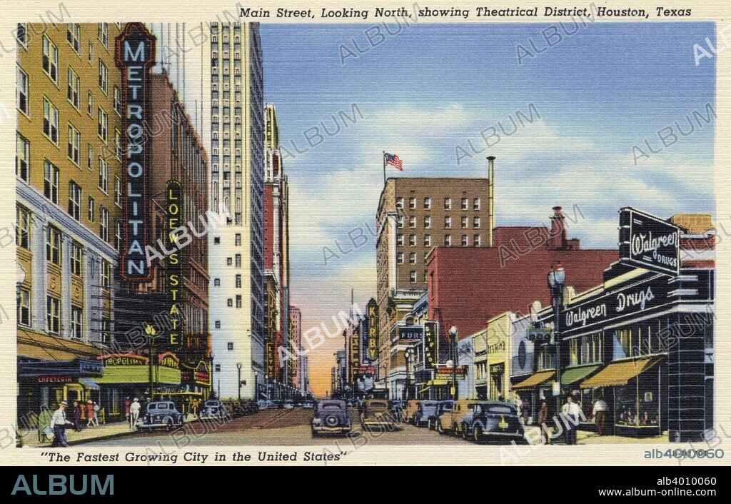 Main Street, Houston, Texas USA, 1940. Vintage postcard showing a view looking north on Main Street in Houston's theatre district.