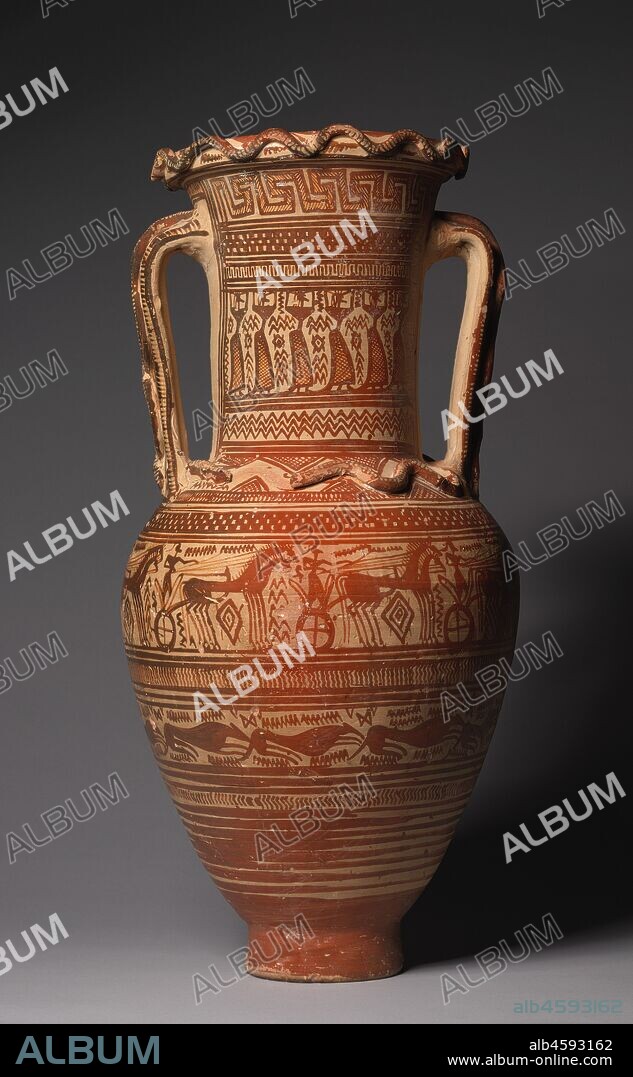 Dipylon Amphora, 8th Century BC. The largest find of Geometric Period vases was at the Dipylon Cemetery in Athens. Apparently these vessels have a funerary use, perhaps as ossuaries. Their style is called Geometric because all designs?even animals and people?are deliberately reduced to flat geometric forms and linear motifs depicting only the essentials. Neck, side A: funeral couch; side B: procession of mourning women. Body, top register: seven chariots; lower register: hounds pursue a hare.