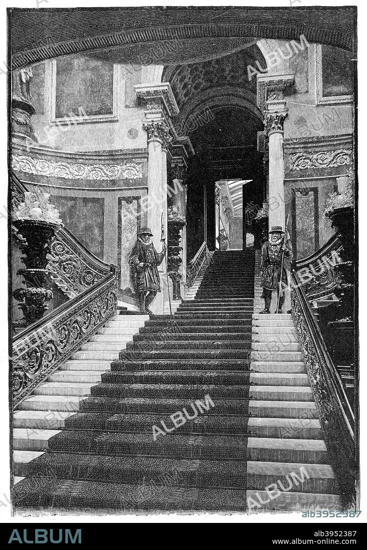 The Grand Staircase, Buckingham Palace, London, 1900. The official London residence of the British monarch. Illustration from The life and times of Queen Victoria by Robert Wilson, (1900).