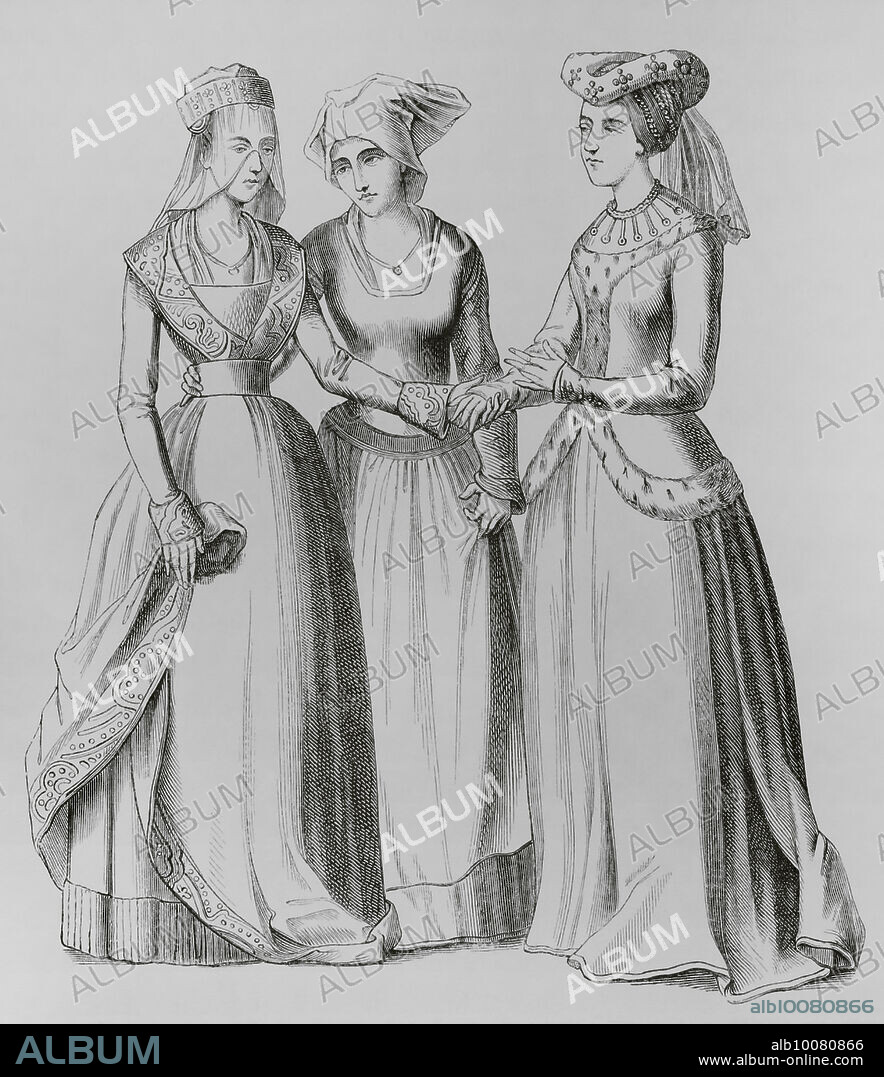 A bourgeoise, a peasant and a noblewoman, 14th century. Engraving. "Moeurs, usages et costumes au moyen-âge et à l'époque de la Renaissance", by Paul Lacroix. Paris, 1878.