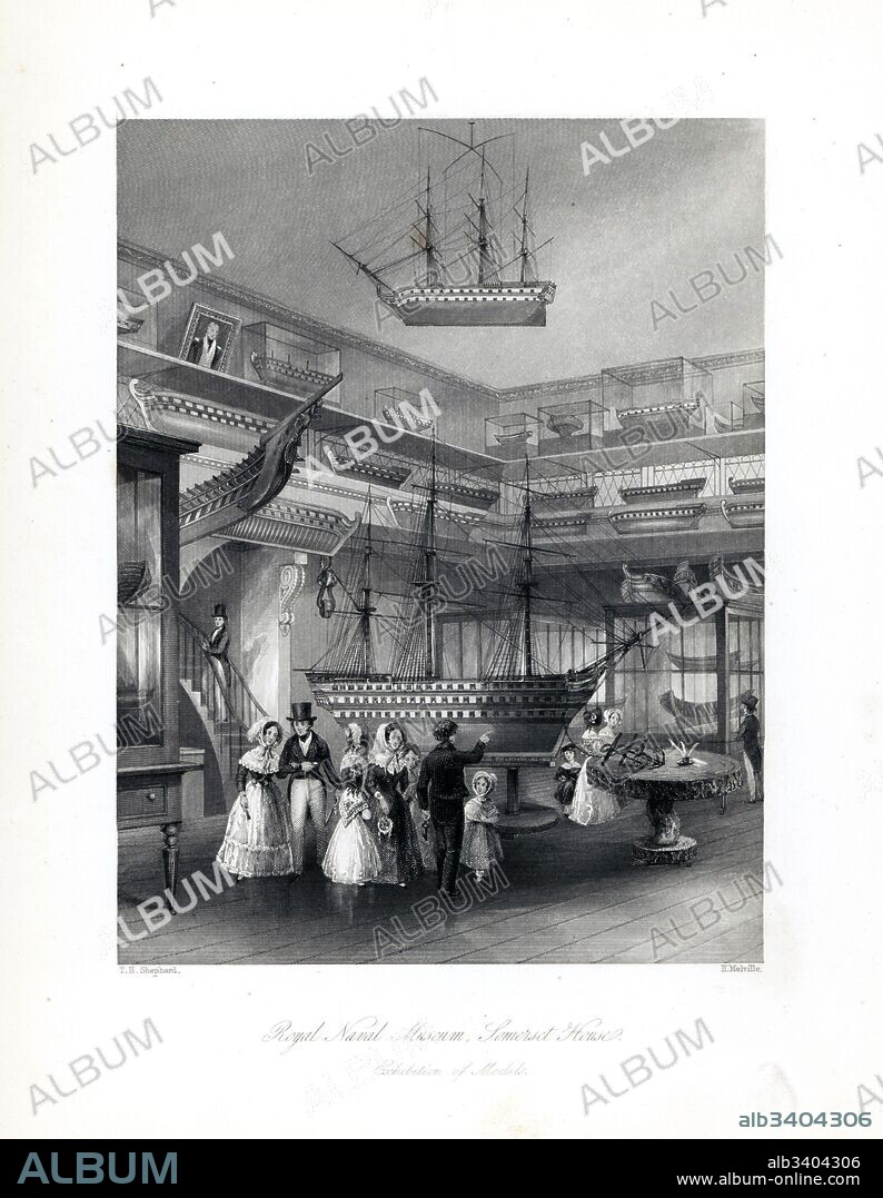 Exhibition of model ships at the Royal Naval Museum, Somerset House. Steel engraving by Henry Melville after an illustration by Thomas Hosmer Shepherd from London Interiors, Their Costumes and Ceremonies, Joshua Mead, London, 1841.