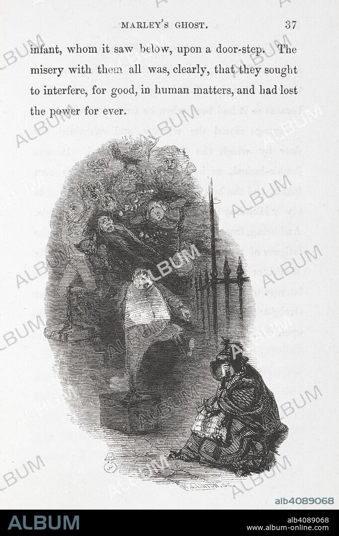 CHARLES DICKENS. Scrooge is visited by the ghost of Jacob Marley, his former business partner. Marley then departs into the night sky, surrounded by a countless horde of other spirits, some of whom were known to Scrooge when they were alive, all of them chained in a similar manner to Marley. Like Marley, they suffer endlessly as they struggle in vain to make up for their wasted lives by attempting to help a homeless mother and child. A Christmas Carol in prose. Being a Ghost-story of Christmas ... With illustrations by John Leech. London : Chapman & Hall, 1843. Source: Dex.293.(1) page 37.