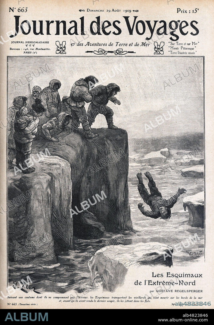 Les esquimaux de l'Extreme-nord transportent les vieillards qui vont mourir et les jettent dans lers flots. Illustration de Edouard ZIER (1866-1924) pour Le Journal des Voyages du 29 aout 1909. Credit : Collection Jonas/Kharbine-Tapabor.