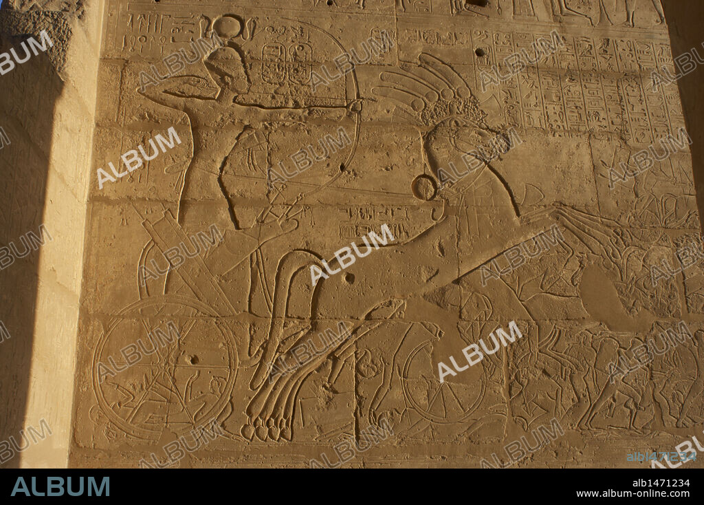 Relief depicting the battle of Kadesh (generally dated to 1274 b.C.) between the forces of the Egyptian Empire under Ramesses II and the Hittite Empire under Muwatalli II at the city of Kadesh on the Orontes River. Ramses II in his chariot. Ramesseum. 13th century. Nineteen dynasty. New Kingdom. Necropolis of Thebes. Valley of the kings. Egypt.
