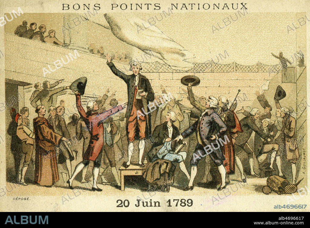 '20 Juin 1789' : Serment du Jeu de Paume. Les deputes de l'Assemblee nationale jurent de ne pas se separer avant d'avoir donne une Constitution a la France. Bon point vers 1890. Illustration anonyme. Credit : Collection IM/KHARBINE-TAPABOR.