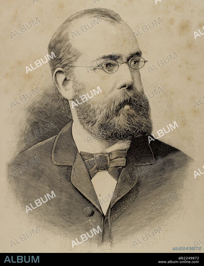 ROBERT KOCH (1843-1910). Médico y bacteriólogo alemán. Descubridor del bacillum de la Tuberculosis y del procedimiento para curarla. Grabado por Rico. "La Ilustración Española y Americana". 1890.