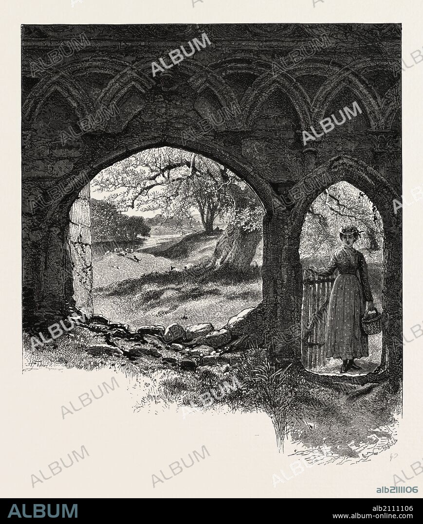 Gateway, Bolton Abbey, UK, U.K., Britain, British, Europe, United Kingdom, Great Britain, European, 19th century engraving.