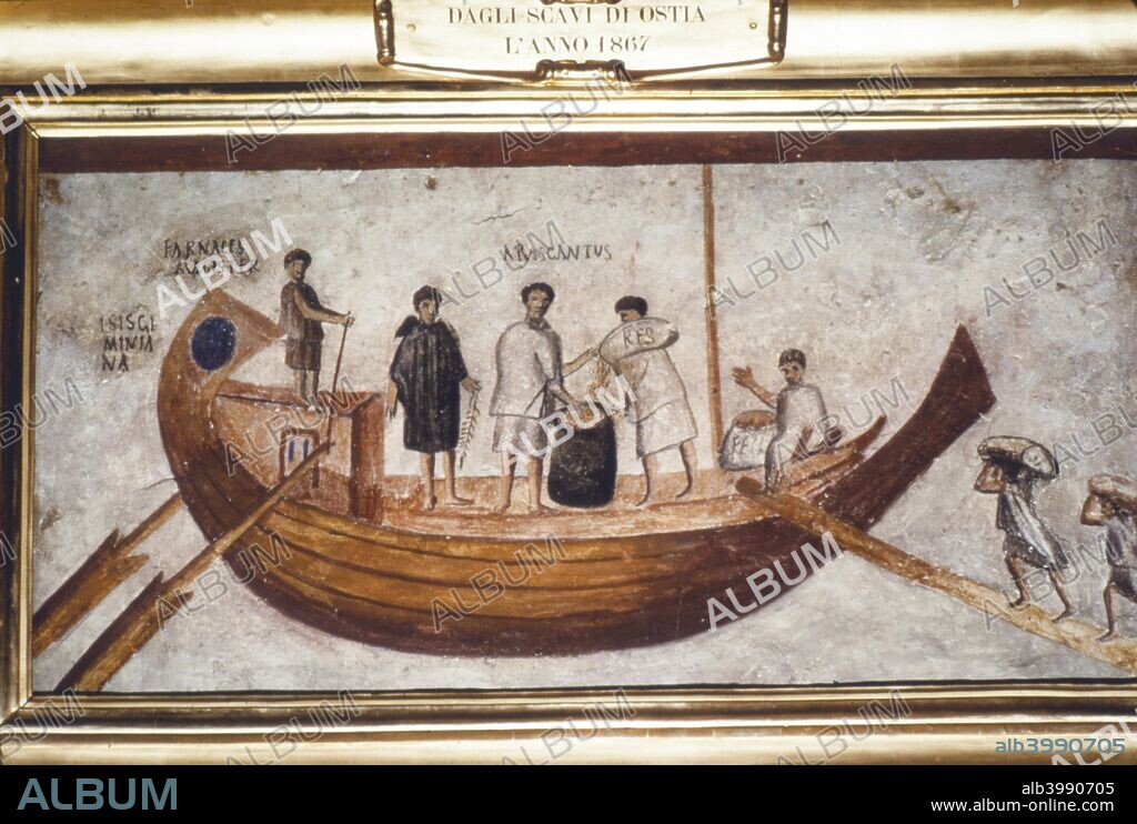 Roman Merchant-ship being loaded with grain, from a wall painting in Ostia,  2nd-3rd century. Note the rudder. Vatican Museums.