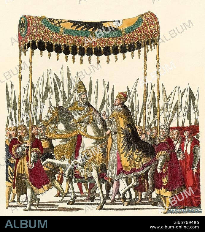 Charles Quint ou Charles V de Habsbourg ; empereur romaingermanique et roi d'Espagne ; 1500-1558. Procession solennel de Charles Quint et de Clément VII à Bologne. (Lors du sacre de Charles Quint, 24 février 1530). Gravure d'époque, de Nikolaus Hogenberg (mort en 1539). In : "Einzugsfolge". Coloriée ultérieurement.