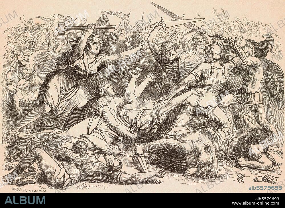 Einfall der Kimbern in Italien /. Schlacht zwischen Kimbern und den Römern unter Marius in der Raudischen Ebene bei Vercellae (Vercelli) am 30. Juli 101 v. Chr. "Kimbrische Frauen in der Schlacht". Holzstich, 1873, von Joh. Nep. Geiger (1805-80). Aus: W.Zimmermann, Geschichte des dt. Volkes, Bd. 1, Stuttgart 1873. Berlin, Sammlung Archiv für Kunst und Geschichte.