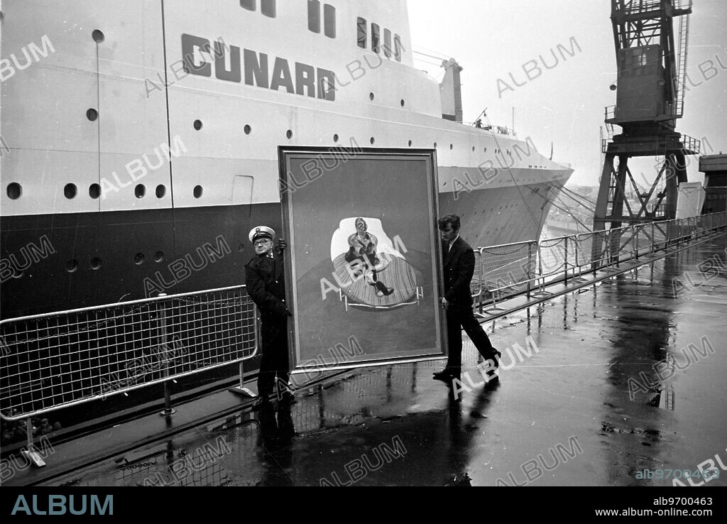 Southampton: A "Portrait of PL" by Francis Bacon, being carried aboard the Cunard liner Queen Elizabeth II at Southampton today. The portrait, one of the most valuable of over 100 paintings, to be shown in an exhibition in the world's first floating art gallery aboard Queen Elizabeth II. The gallery run by Marlborough Fine Art, is one of the most comprehensive exhibitions of British 20th century art ever to be held, and comprises work by over 20 British contemporary artists, including paintings and sculpture by R.B. Kitaj; Barbara Hepworth, Henry Moore and Graham Sutherlan. The inaugural exhibition will continue fro approximately six months. Prince in the Cunard Marlborough Gallery will range from £13 (about $30) to £35,000 ($84,000). 12 March 1969.