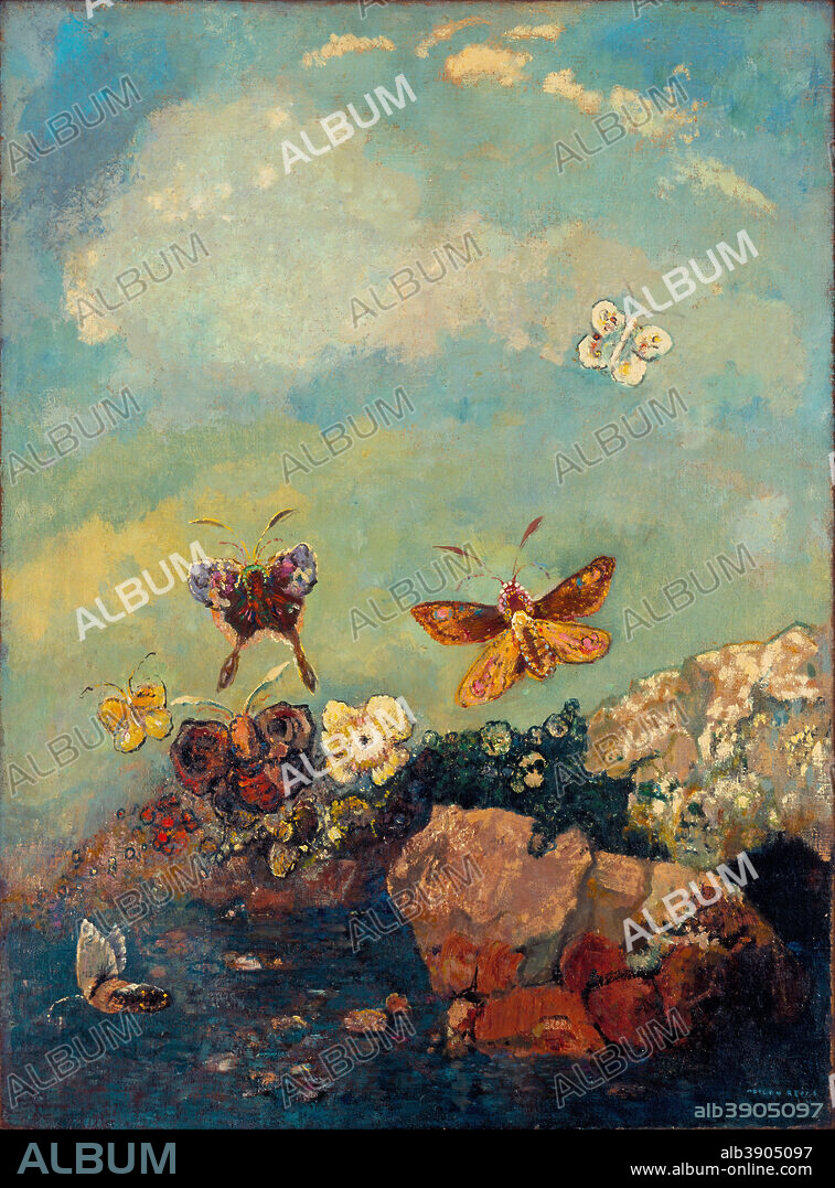 ODILON REDON. Butterflies. Date/Period: Ca. 1910. Painting. Oil on canvas. Height: 739 mm (29.09 in); Width: 549 mm (21.61 in).