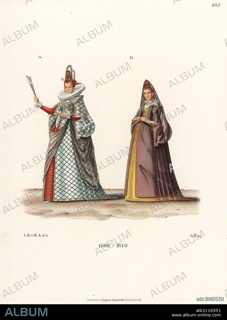Noblewoman from Naples and bourgeois woman of Rome, late 16th century. From miniature paintings in the Stammbuch (Friendship Book) of Andreas Heidenreich von Pidenegg. Chromolithograph from Hefner-Alteneck's Costumes, Artworks and Appliances from the Middle Ages to the 17th Century, Frankfurt, 1889. Illustration by Dr. Jakob Heinrich von Hefner-Alteneck, lithographed by C. Regnier. Dr. Hefner-Alteneck (1811-1903) was a German museum curator, archaeologist, art historian, illustrator and etcher.