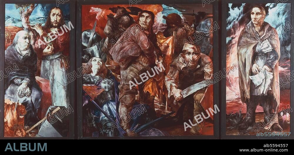 Bauernkriege 1524/25. - "Der große Deutsche Bauernkrieg". - Triptychon. (In der Mitte Schlachtenszene, links Tilman Riemenschneider und Albrecht Dürer, rechts Thomas Müntzer). Gemälde, 1971, von Heinz Zander geb. 1939). Mischtechnik auf Sperrholzplatten, MIttelteil 153,5 x 153,5 cm, linker Flügel 153 x 77,5 cm, rechter Flügel 153,5 x 77 cm. Inventar 1975, Nr. 024 a-c. Kunstsammlungen.