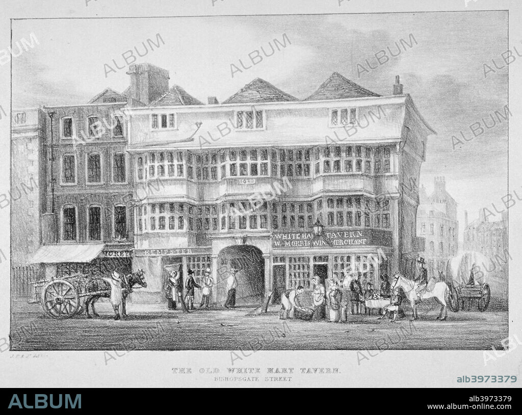 The White Hart Inn, Bishopsgate, City of London, 1825. Also showing horses and carts, street sellers and other people.