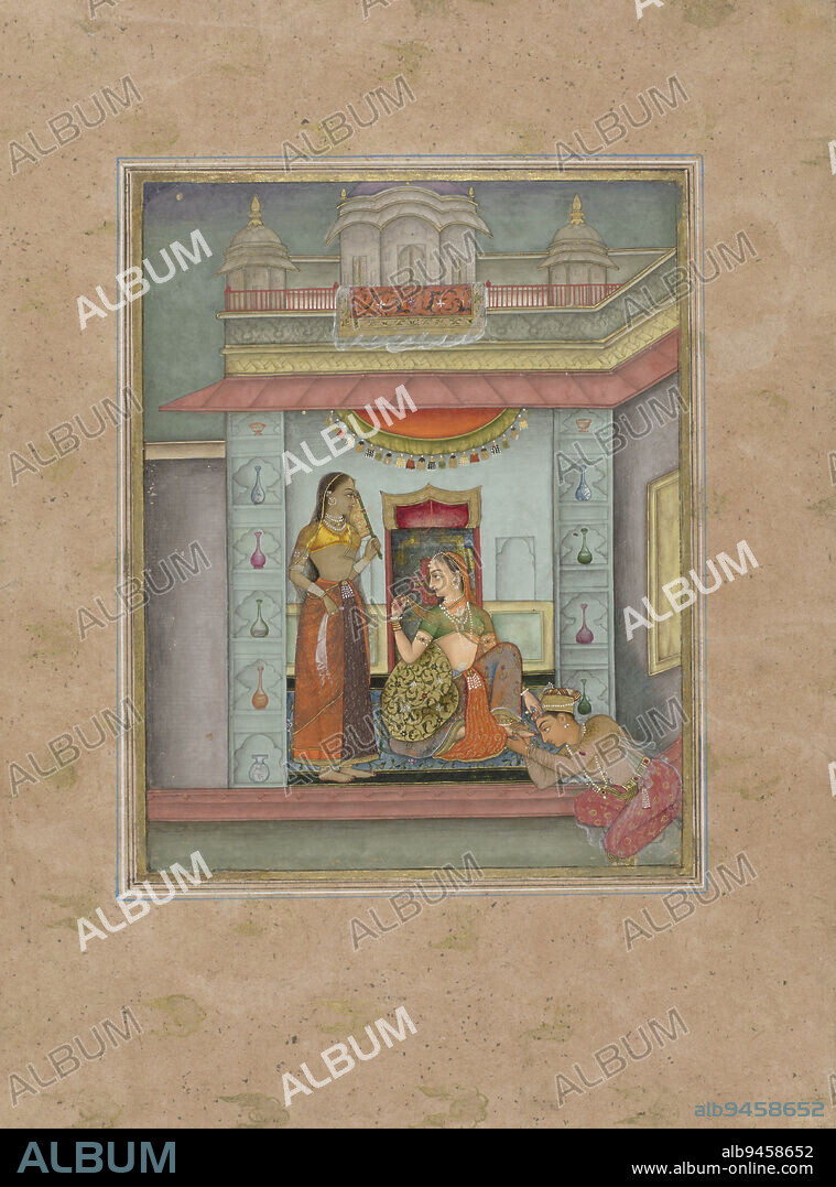 Ramakali-ragini, a princess with two servants, draughtsman: anonymous, Bikaner, 1675 - 1700, paper, brush, h 264 mm × w 194 mm, h 157 mm × w 124 mm.