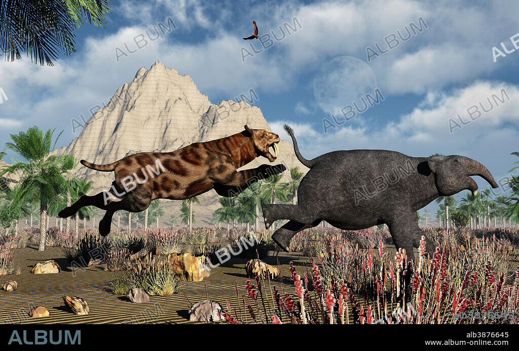 A carnivorous Sabre-Tooth Tiger attacking a young Deinotherium