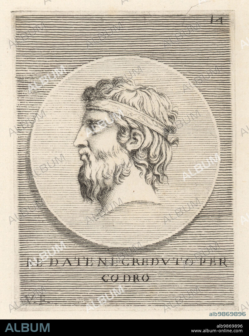 Codrus or Codron, semi-mythical last King of Athens, c. 1089-1068 BC. Sacrificed himself for victory against the Dorians. Bust with royal diadem and beard from a bronze medal. Re datene creduto per Codro. Copperplate engraving by Guillaume Vallet after Giovanni Angelo Canini from Iconografia, cioe disegni d'imagini de famosissimi monarchi, regi, filososi, poeti ed oratori dell' Antichita, Drawings of images of famous monarchs, kings, philosophers, poets and orators of Antiquity, Ignatio deLazari, Rome, 1699.