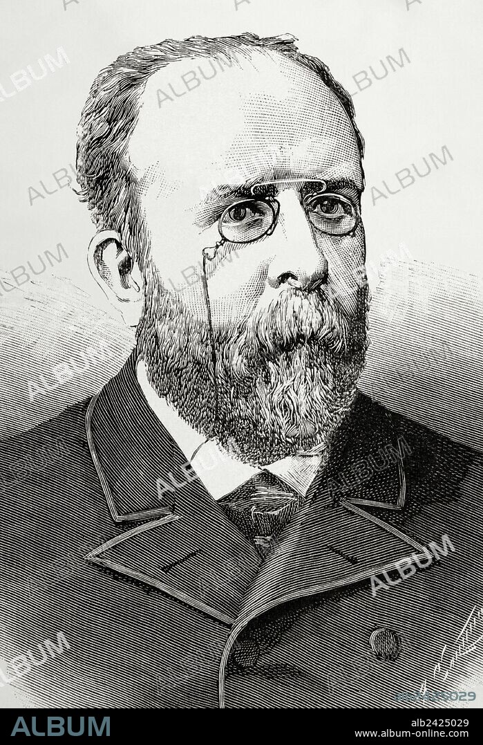 ARTURO CARRETERO Y SÁNCHEZ. LLORENTE OLIVARES, Teodoro (Valencia,1836-1911). Escritor en lenguas catalana y castellana. Dirigió el diario "La Opinión". Diputado por el partido conservador. Grabado por Arturo Carretero. "La Ilustración Española y Americana", 1890.