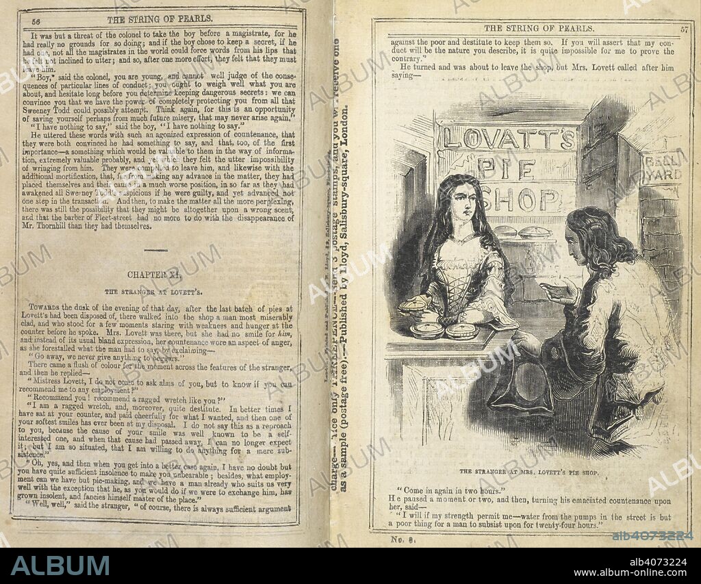 JAMES MALCOM RYMER. 'The stranger at Mrs Lovett's pie shop.'. The String of pearls; or, The Barber of Fleet Street. A domestic romance. London :Published by E. Lloyd, Sailsbury Square, Fleet Street , MDCCCL [i.e. 1850]. Source: C.140.d.6 pages 56-57.