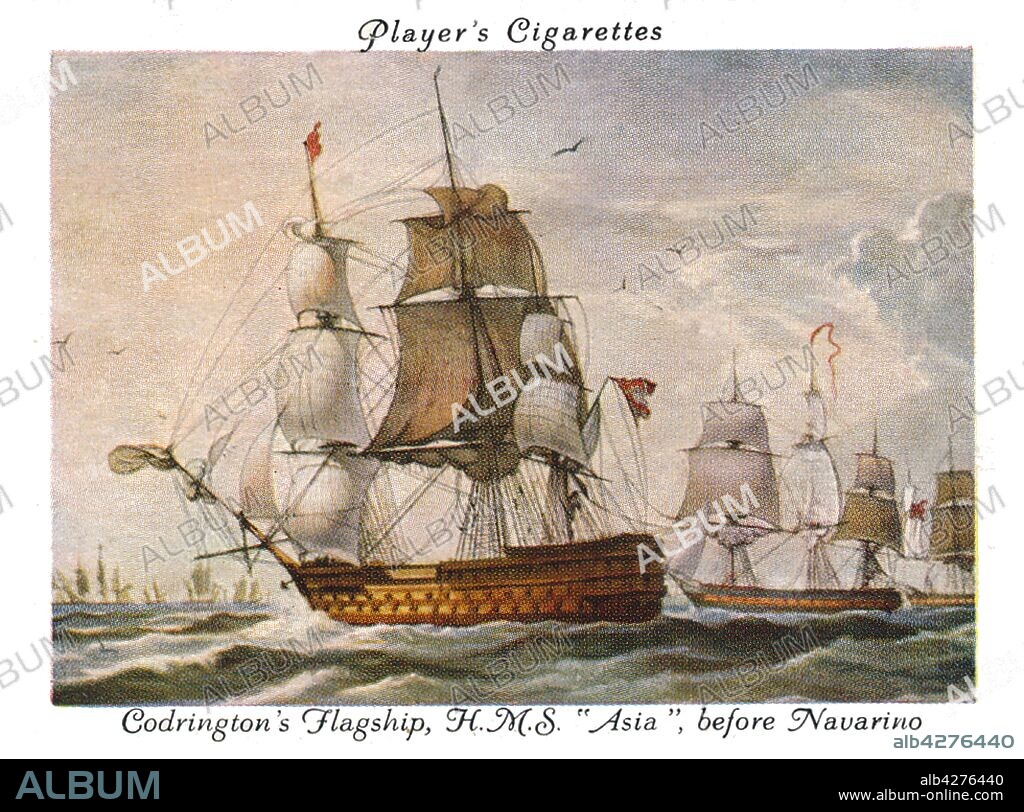 Codrington's Flagship,H.M.S "Asia", before Navarino, 1936. Cigarette Card No.15 of a series of 25 Old Naval Prints Issued by John Player & Sons.