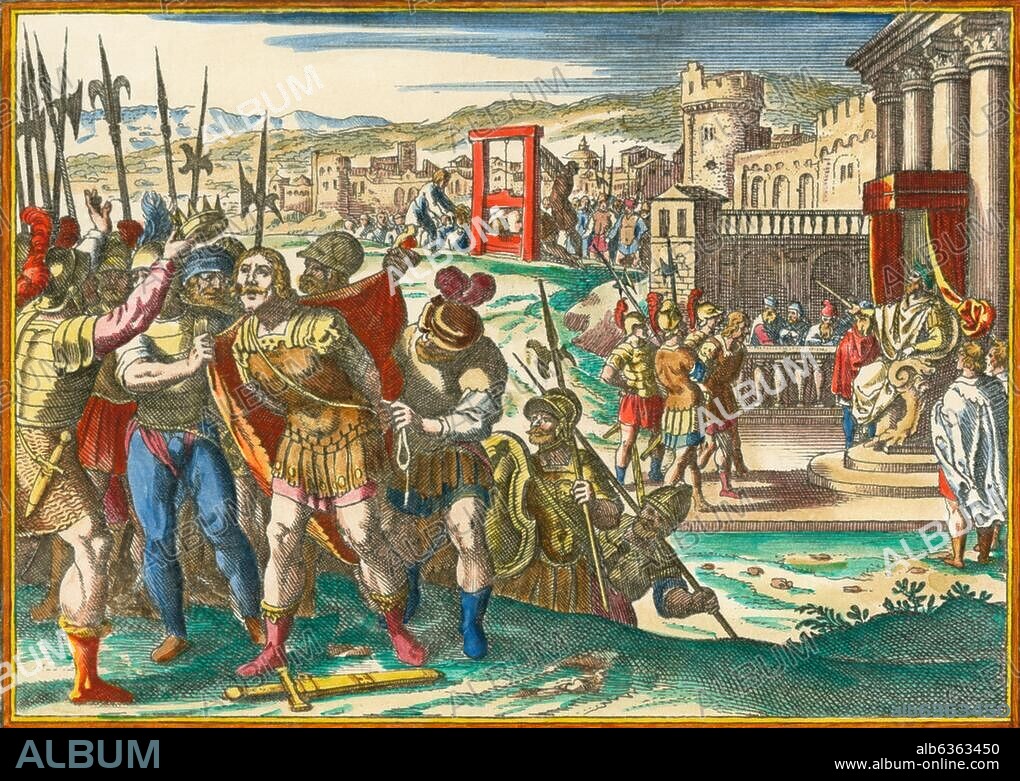 Constantius II., röm.Kaiser (337-361); 317-361.-Constantius läßt seinen Vetter Gallus (Flavius Claudius Constantius Gallus) enthaupten (Pola, Ende 354). Kupferstich von Matthäus Merian d.Ä. (1593-1650). Aus: Johann Ludwig Gottfried, Historische Chronica, Frankfurt a.M. (M.Merian) 1630, S.380. Spätere Kolorierung.