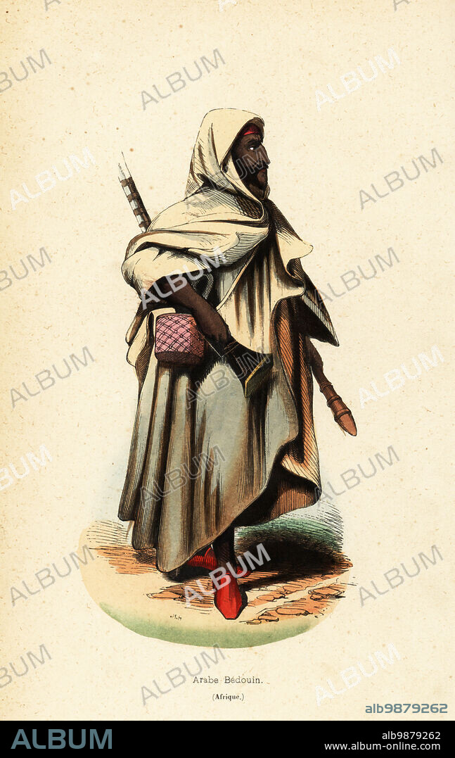 Nomadic Bedouin or Bedu man of Kordofan (Sudan) in hooded burnous, carrying a musket and square case. Arabe Bedouin, Afrique. Copied from Octavian Dalvimart's The Costume of Turkey, with the title Bedouin in the vicinity of Alexandria in quest of plunder. Handcoloured woodcut by H.H. after an illustration by Octavian Dalvimart from Auguste Wahlen's Moeurs, Usages et Costumes de tous les Peuples du Monde, (Manners, Customs and Costumes of all the People of the World) Librairie Historique-Artistique, Brussels, 1845. Wahlen was the pseudonym of Jean-Francois-Nicolas Loumyer (1801-1875), a writer and archivist with the Heraldic Department of Belgium.