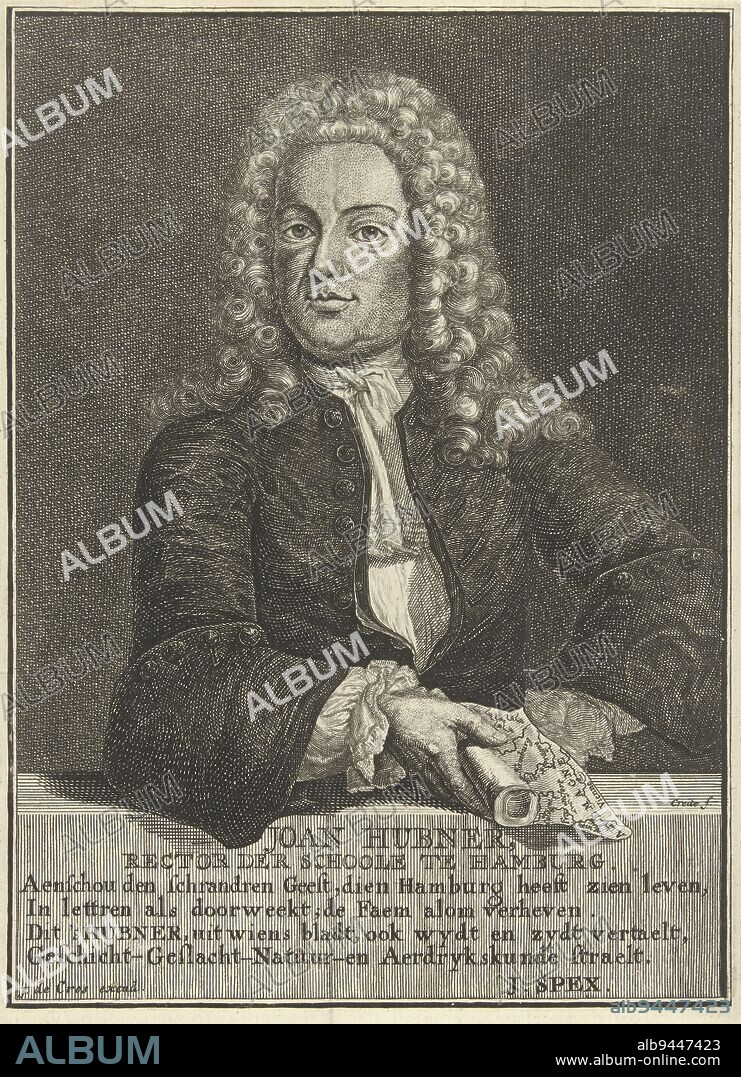 Portrait of Johann Hübner, Ernst Ludwig Creite, 1739 - 1765, Portrait of the writer and rector of a school in Hamburg, Johann Hübner. Bust to the left. Hübner holds a map in his hands. The print has a Dutch caption., print maker: Ernst Ludwig Creite, (mentioned on object), publisher: Johannes de Cros, (mentioned on object), Jacob Spex, (mentioned on object), print maker: The Hague, publisher: The Hague, Northern Netherlands, 1739 - 1765, paper, etching, engraving, h 205 mm × w 151 mm.