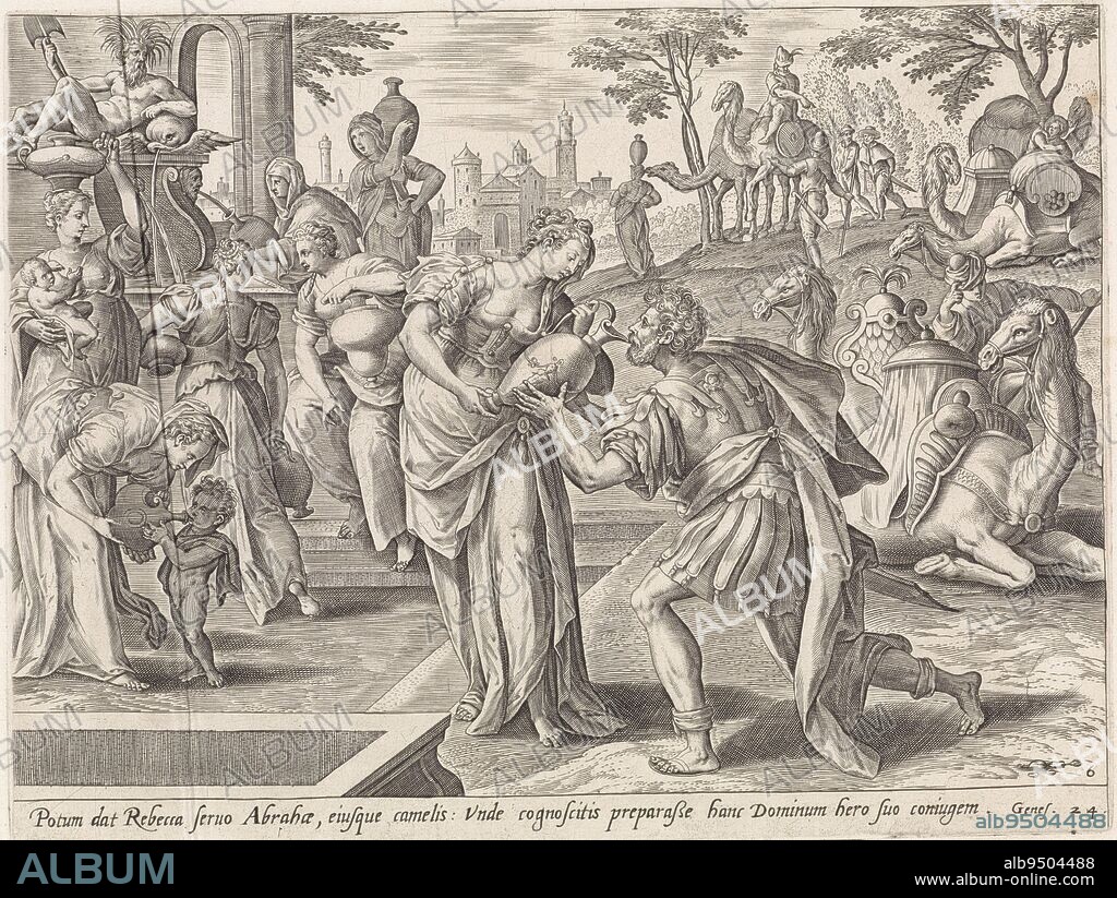 Elijah, the servant of Abraham, meets Rebecca at the well. She lets him drink from her jug. To the right are the camels and Elijah's retinue. On the left, the women of the city come to draw water from the fountain. The fountain is topped by a river god. Below the scene a reference in Latin to the Bible text in Gen. 24, Elijah and Rebekah History of Abraham Thesaurus sacrarum historiarum veteris testamenti Theatrum biblicum , print maker: Adriaen Collaert, (attributed to), intermediary draughtsman: Maerten de Vos, publisher: Gerard de Jode, publisher: Antwerp, publisher: Amsterdam, 1585 and/or 1643, paper, engraving, h 200 mm × w 264 mm.