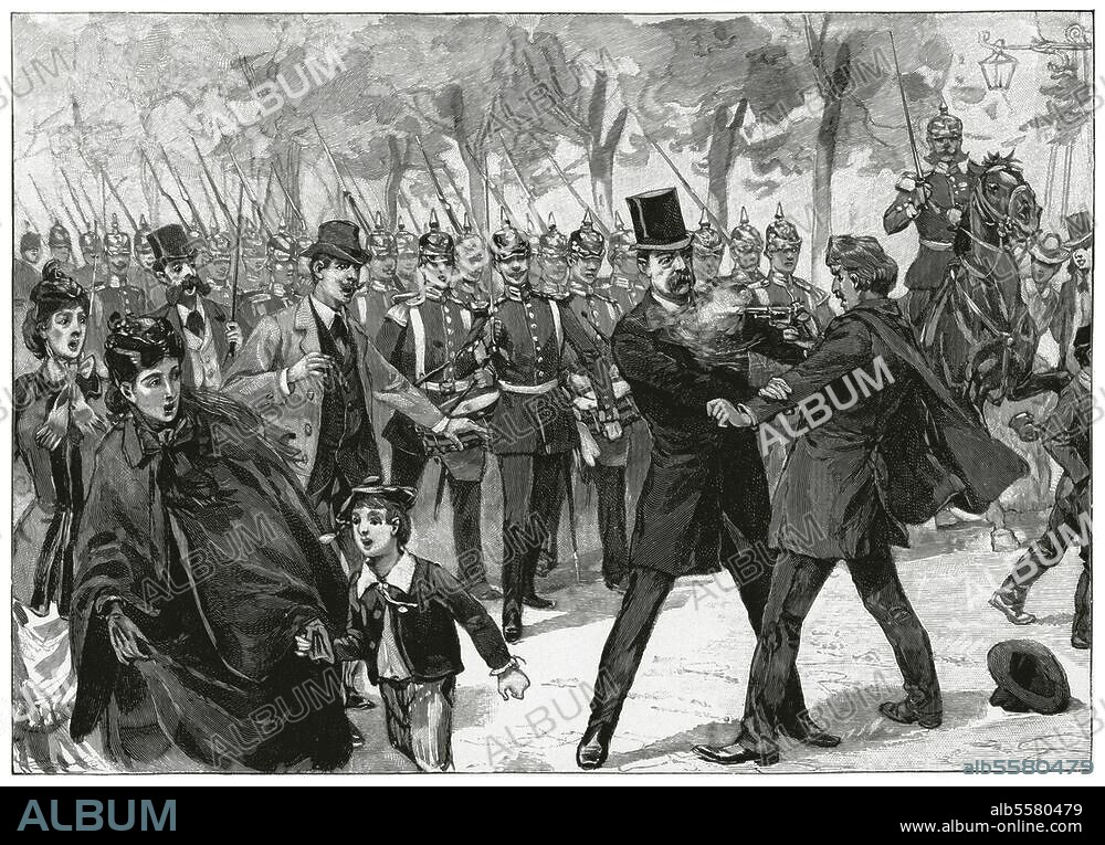 ANÓNIMO. Bismarck, Otto von; German statesman; 1815-98. "Blind's attempted assassination of Bismarck, Unter den Linden, Berlin on 7th May 1866". (The student Ferdinand Cohen-Blind from Thuebingen shoots Bismarck and is disarmed by him). Woodcut, c. 1890, untitled. Berlin, Sammlung Archiv für Kunst und Geschichte.