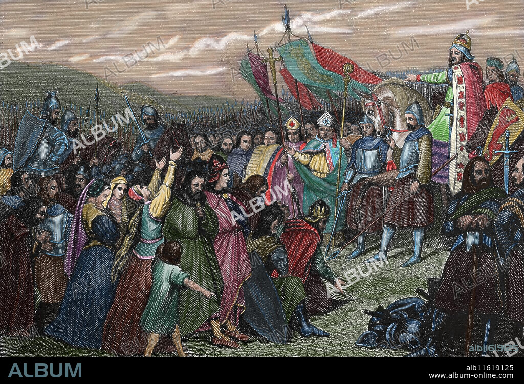 HENRY WINKLES und JOHAN GEORGE HECK. Saxon Wars. "The frankish king Charlemagne  (742-814) receiving the submission of the saxon king Witterkind at Paderborn in 785". Engraving. (Later colouration). Iconographic Enclyclopaedia of science, Literature and Art. 19th century.