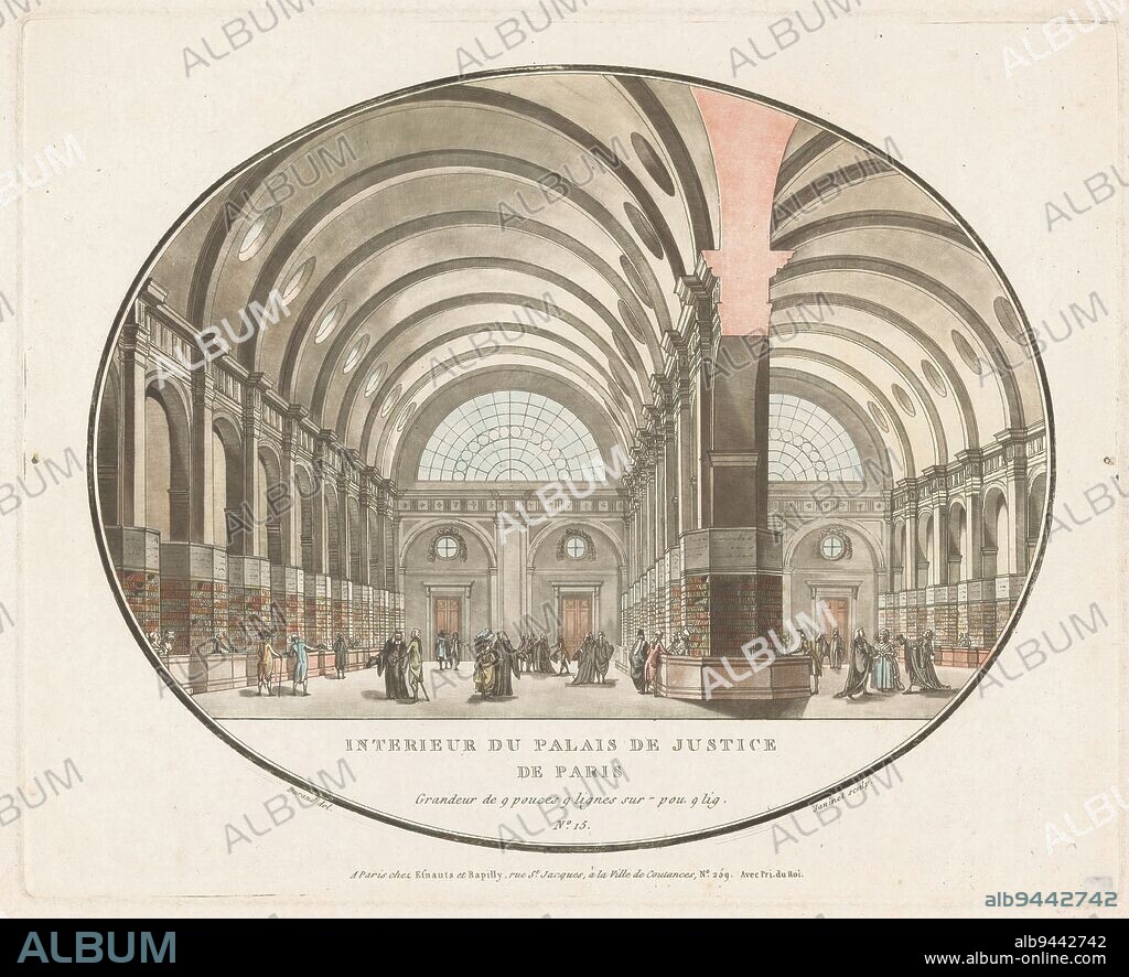 Interior of the Palace of Justice in Paris, Interieur du Palais de Justice de Paris (title on object), Interior of the Palace of Justice with bookstores around the pillars. Among the visitors are several lawyers in togas., print maker: Jean François Janinet, (mentioned on object), after design by: Jean-Nicolas-Louis Durand, (mentioned on object), publisher: Esnauts & Rapilly, (mentioned on object), Paris, c. 1787, paper, etching, height 233 mm × width 289 mm.