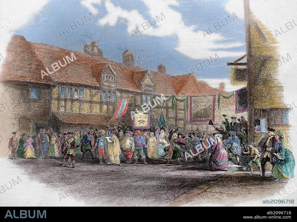LITERATURA INGLESA. SIGLO XVI. SHAKESPEARE, William (Stratford-on-Avon, 1564Stratford-on-Avon, 1616). Dramaturgo y poeta inglés. "CASA NATAL DEL ESCRITOR Y PLAZA DE LA CIUDAD POR DONDE DESFILA LA MULTITUD CONMEMORANDO SU ANIVERSARIO". Grabado coloreado del siglo XIX.